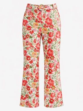 Mango linen cotton floral straight leg pant Size 4 belted Cottagecore Feminine